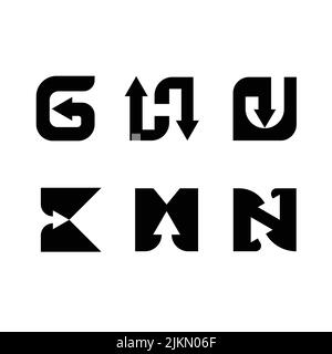 Una serie di lettere alfabetiche con frecce isolate su sfondo bianco Illustrazione Vettoriale