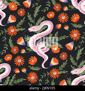 Serpente papavero rosa fiore celeste senza cuciture modello vettoriale. Sfondo magico floreale Illustrazione Vettoriale