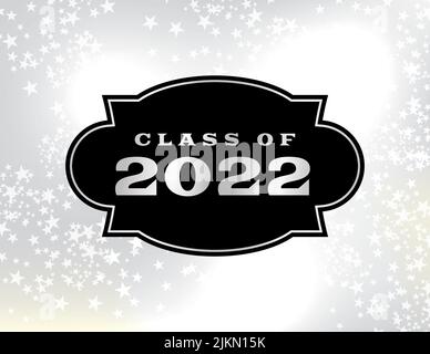 Un emblema nero per la graduazione su un cielo stellato color argento scintillante con illustrazione Classe 2022. Illustrazione Vettoriale