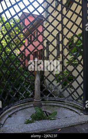 Vecchia fontana pubblica di fronte ad una recinzione con una fila di case e un fico tre su un flusso d'acqua Foto Stock