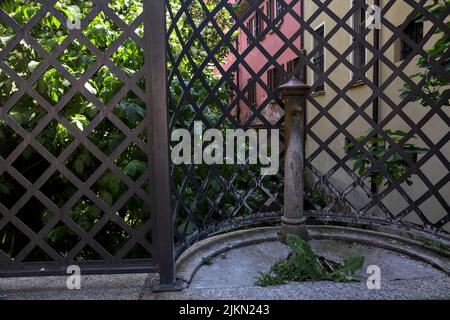 Vecchia fontana pubblica di fronte ad una recinzione con una fila di case e un fico tre su un flusso d'acqua Foto Stock