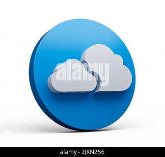 Icona del cloud su un cerchio blu isolato icona di caricamento del cloud bianco isolato su sfondo blu rendering 3D Foto Stock