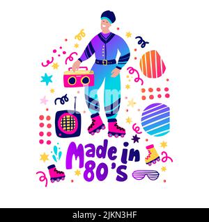 80s retro party poster funky vettore moda ragazza carta per la stampa. Realizzato nel 80s Illustrazione Vettoriale
