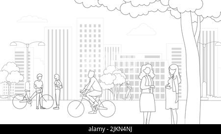 Persone, skyline della città in linea di stile artistico - paesaggio con case, alberi e nuvole. Isolato vettore illustrazione di bello paesaggio urbano per bene immobile Illustrazione Vettoriale