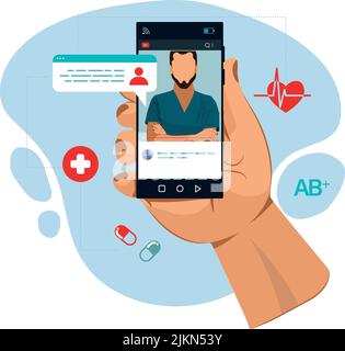 Il medico è al telefono Chiama un medico in linea la consultazione del medico. Analisi di laboratorio online Visualizza video o video chat con il medico illustrazione vettoriale Illustrazione Vettoriale