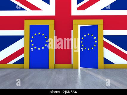 Una rappresentazione 3D a tema Brexit di una stanza a due porte con le bandiere dell’UE sul muro della bandiera britannica Foto Stock