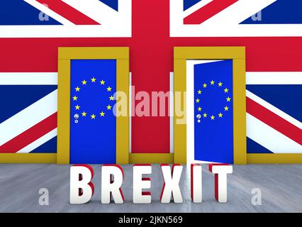 Un rendering 3D a tema Brexit a due porte con le bandiere dell’Unione europea su una parete colorata con i colori della bandiera del Regno Unito Foto Stock