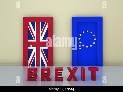 Una rappresentazione 3D a tema Brexit di una stanza a due porte con le bandiere del Regno Unito e dell’UE e una BREXIT davanti a loro Foto Stock