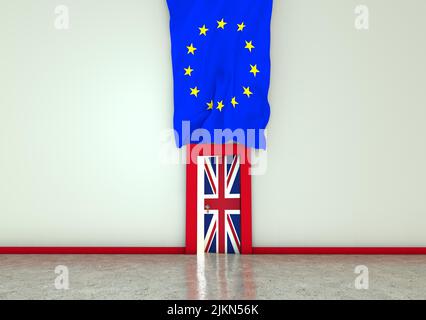 Una rappresentazione 3D a tema Brexit con una porta con la bandiera britannica e la bandiera dell’Unione europea appese dall’alto Foto Stock