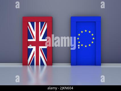 Una rappresentazione del 3D a tema Brexit a due porte con le bandiere dell’Unione europea e della Gran Bretagna su uno sfondo grigio Foto Stock