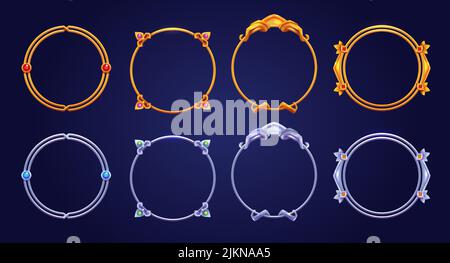 Montature da gioco d'argento e d'oro d'epoca, ui bordi circolari medievali d'oro o di metallo d'acciaio con gemme. Cartoon metallo vuoto bordering con gemstone, elementi GUI di design isolato, Vector Illustration Set Illustrazione Vettoriale