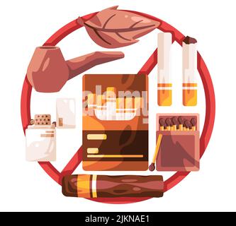 Divieto di fumare illustrazione della scatola di corrispondenza accendisigari oggetto tabaco foglia sigaro Illustrazione Vettoriale