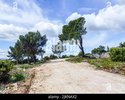 Una tortuosa strada di campagna sotto il cielo nuvoloso blu Foto Stock