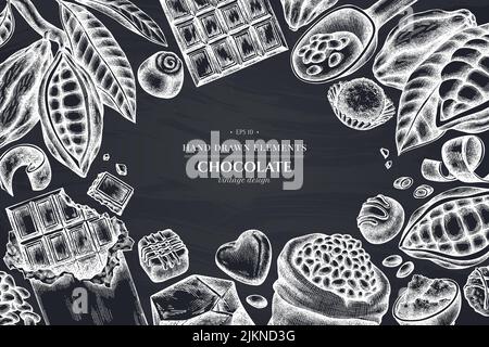 Design monocromatico con gesso di cacao in grani, cacao, cioccolato, caramelle al cioccolato Illustrazione Vettoriale