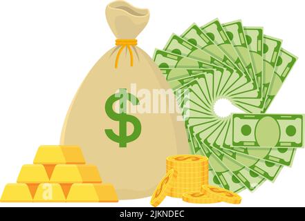 Un sacco di denaro vintage e un mucchio di fatture di carta si trovano intorno ad esso. Illustrazione Vettoriale