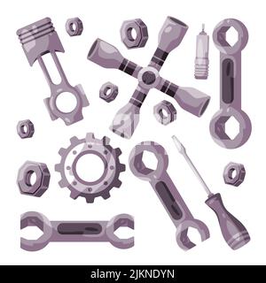 Set di simboli di manutenzione officina di chiave a vite dado dado meccanico motore automobilistico illustrazione Illustrazione Vettoriale