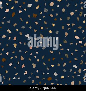 Motivo in marmo con pavimento in terazzo texture senza cuciture. Pavimentazione classica blu scuro composta da pezzi di granito, quarzo, vetro e pietra. Muro astratto Illustrazione Vettoriale