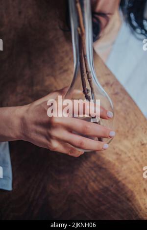 Una mano di donna che tiene un vaso di vetro trasparente con fiori a gambo lungo su una superficie di legno Foto Stock