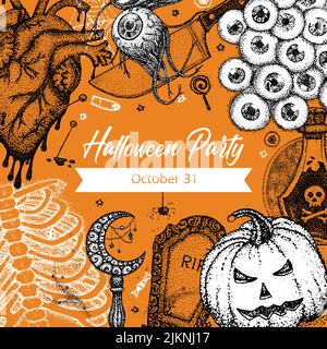 Poster di Halloween Party Dotwork. Illustrazione vettoriale del concetto di schizzo del tatuaggio disegnato a mano. Illustrazione Vettoriale