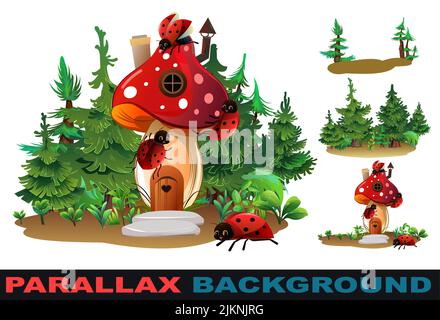 Casa di scarabeo ladybug all'interno di funghi agarici. Imposta effetto parallasse. Oggetto fauna selvatica. Piccolo insetto divertente. Stile carino dei cartoni animati. Isolato su bianco Illustrazione Vettoriale