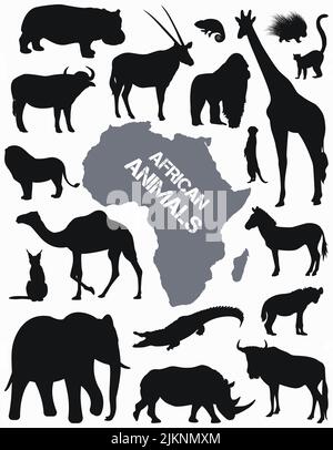 Collezione con silhouette piatte di animali africani. Illustrazione Vettoriale