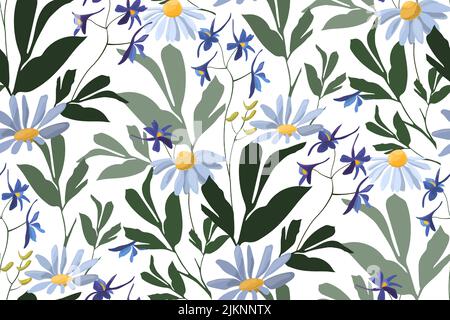 Motivo floreale vettoriale senza cuciture. Design con fiori e erbe selvatiche e prati su sfondo bianco. Illustrazione Vettoriale