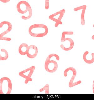 Concetto di Numbers illustrazione vettoriale di pattern senza giunture. Sfondo con numeri di acquerello rosa. Stampa per tessuti, carta, imballaggio e design Illustrazione Vettoriale