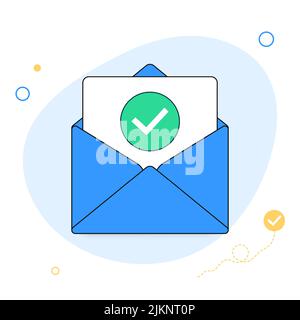 Busta aperta e documento con icona con segno di spunta verde. Messaggio di conferma ufficiale, posta inviata con successo, consegna e-mail, verifica Illustrazione Vettoriale