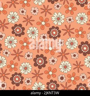 Coloratissimo Ditsy disegno a mano Floral Daisies Vector Seamless Pattern. Stile retrò 70s Illustrazione Vettoriale