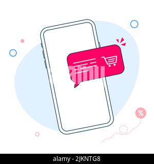Smartphone con notifica carrello, nuovo acquisto, effettuare un ordine in un negozio online, effettuare acquisti online con il telefono. Interfaccia utente a profilo piatto, elemento UX Illustrazione Vettoriale