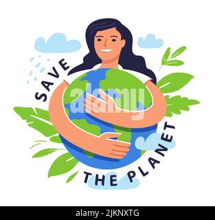 Ragazza che tiene il pianeta nelle mani. Uomo e natura, Ecologia, salvare pianeta Terra concetto. Riscaldamento globale e cambiamento climatico Illustrazione Vettoriale