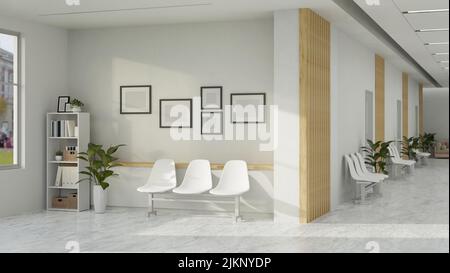 Moderno e minimale corridoio ospedaliero o clinica sanitaria e design interno sala d'attesa con sedie e decori d'attesa. 3d rendering, illustrazione 3d Foto Stock