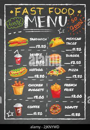 Il menu del ristorante fast food con panini, patate fritte, pizza ciambelle bevande su lavagna nera illustrazione vettoriale Illustrazione Vettoriale