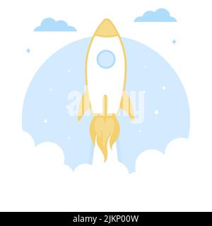 Nave razzo in un piatto style.Vector illustrazione con razzo volante. Lancio del razzo spaziale. Avvio del progetto e processo di sviluppo. Prodotto innovativo Illustrazione Vettoriale
