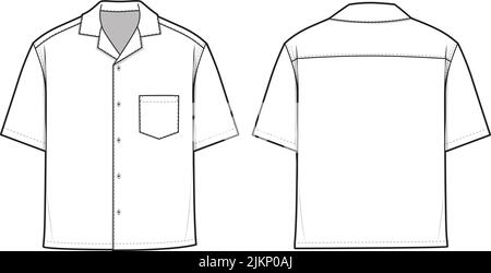 Camp Button Shirt Short Sleeve Vector Flat disegno tecnico Illustrazione Blank Mock-up Template for Fashion Design and Tech Packs CAD Technical Illustrazione Vettoriale
