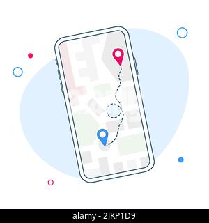 Navigazione GPS mappa. Applicazione di mappatura dello smartphone e punto rosso sullo schermo. Navigazione delle mappe di ricerca tramite app, sfondo delle mappe isolate in linea. Vettore Illustrazione Vettoriale