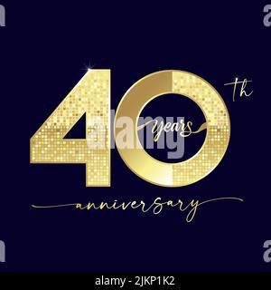 logotipo di 40 anni anniversario con grafia colore dorato per evento di festa, matrimonio, biglietto di auguri e invito. Icona 40th luccicante di lusso. Illustrazione Vettoriale