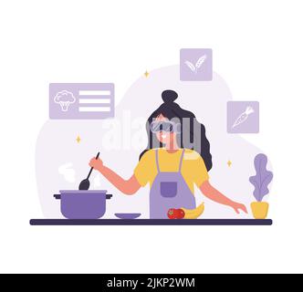 Donna in occhiali VR che cucinano in metaverse. Concetto di cyberspazio. Simulatore di realtà virtuale. Intrattenimento con tecnologia moderna. Illustrazione vettoriale in piano Illustrazione Vettoriale