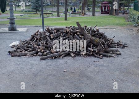 Un mucchio di legna da ardere tagliata preparata per il riscaldamento in inverno Foto Stock
