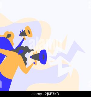 Due persone che fanno un annuncio con un megafono su uno sfondo colorato Illustrazione Vettoriale