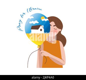 vector ragazza che tiene un pallone nei colori della bandiera di ucraina con una casa all'interno Illustrazione Vettoriale