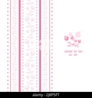 Vector pink strisce floreali disegnate a mano isolate su sfondo bianco verticale senza giunture bordo Illustrazione Vettoriale