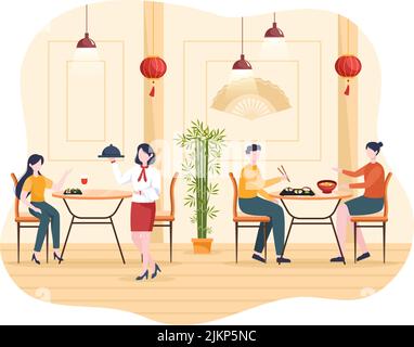 Persone che mangiano cibo giapponese nel ristorante con vari piatti deliziosi in stile piatto Cartoon Illustrazione Illustrazione Vettoriale