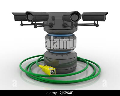 3D rendering cavo aux collegato database sotto telecamera CCTV Foto Stock