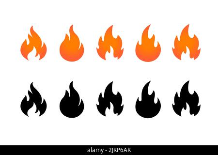 Set di rosso, arancione, nero fuoco fiamma simbolo isolato in stile piatto Illustrazione Vettoriale