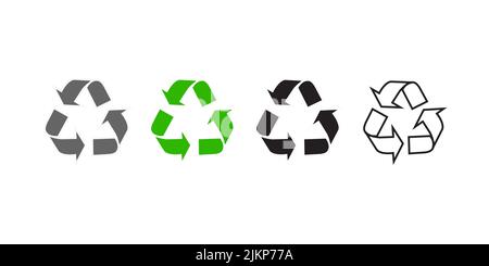 Icona del segno delle frecce ecologiche verdi del set vettoriale. Immagine di tre frecce verdi con eco Recycle. Illustrazione simbolo verde di riciclaggio eco in stile minimalista piatto. Illustrazione Vettoriale