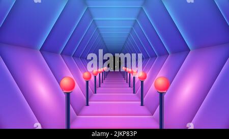 Corridoio in stile Synthwave con lampade rosse. Banchina per la stazione spaziale o sfondo per l'ingresso al club per inviti e volantini. Tunnel sci-fi con palline leggere Illustrazione Vettoriale