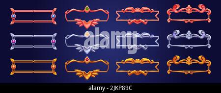 Montature da gioco d'argento, bronzo e oro d'epoca, ui bordi medievali d'oro o metallo d'acciaio con gemme. Cartoon metallo vuoto bordering con gemme, Illustrazione Vettoriale
