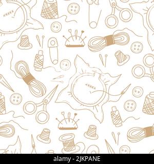 Modello senza cuciture con articoli per cucire e maglieria. Aghi, fili, forbici con ricamo e bottoni su sfondo bianco. Illustrazione vettoriale Illustrazione Vettoriale