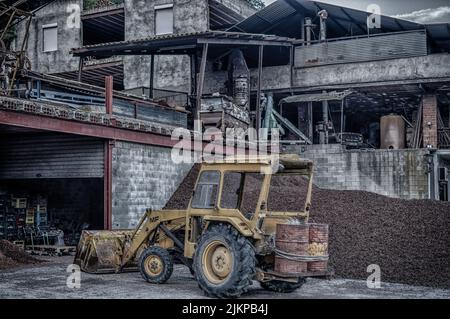 Vecchio trattore giallo con pala nella vecchia fabbrica. Modello Massey Ferguson Foto Stock